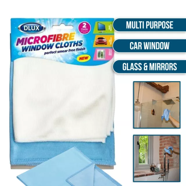 2 Microfibre Window Glass Cloths Car Mirror Window Clean Cloths All Purpose Dlux