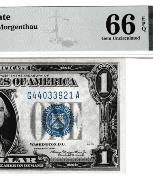 $1  1934  SILVER CERTIFICATE FUNNY BACK S/N G 44033-921 A PMG 66 Fr. 1606 4 OF 5