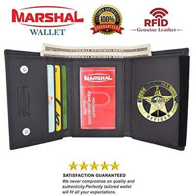 RFID Blocking Genuine Leather Trifold Round Badge Holder Wallet Black with Snap