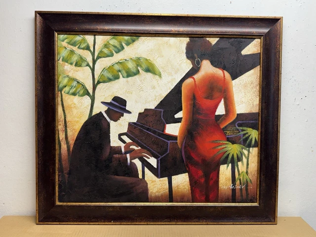M. HAROLD SIGNED Piano Man Women In Red Dress Jazz Painting Framed $149.95  - PicClick