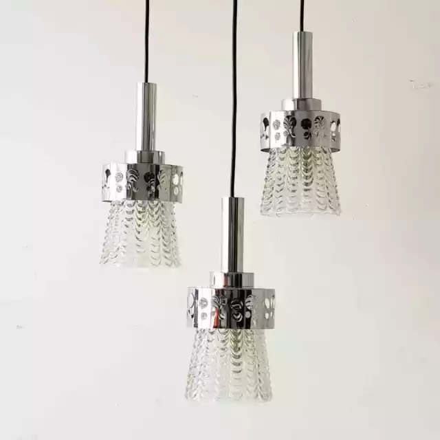Lustre Suspension Cascade Raak 1970 Vintage Acier Chrome & Verre 70S Space Age