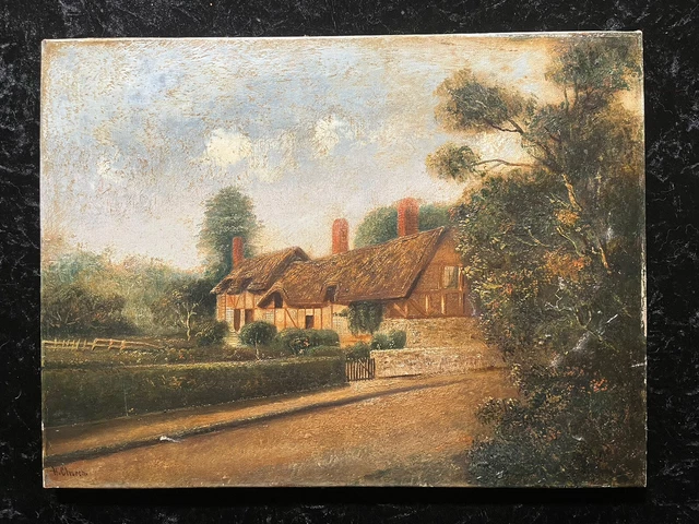 H. Church Oil Painting Canvas. Thatched English Cottage Early 20th Century Art.