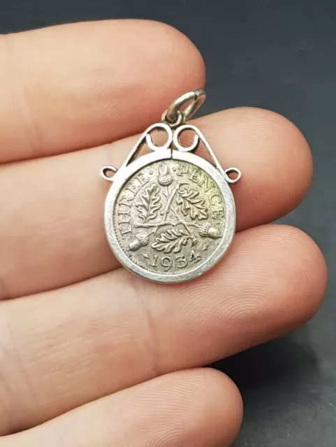 Vintage English Silver Pendant w/ 1934 Three Pence Coin. Free UK P&P 🇬🇧.