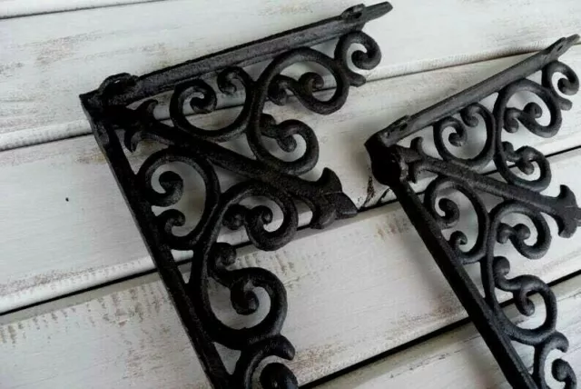 Two: Large Farmhouse Vintage-Black Shelf Braces Brackets Cast Iron Door Corbels