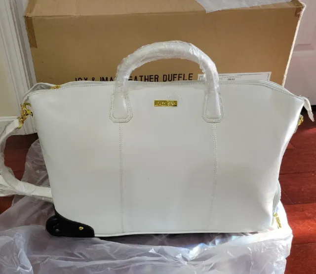 Joy & Iman Genuine Leather White Wheeled Duffle Luggage Bag Nwt