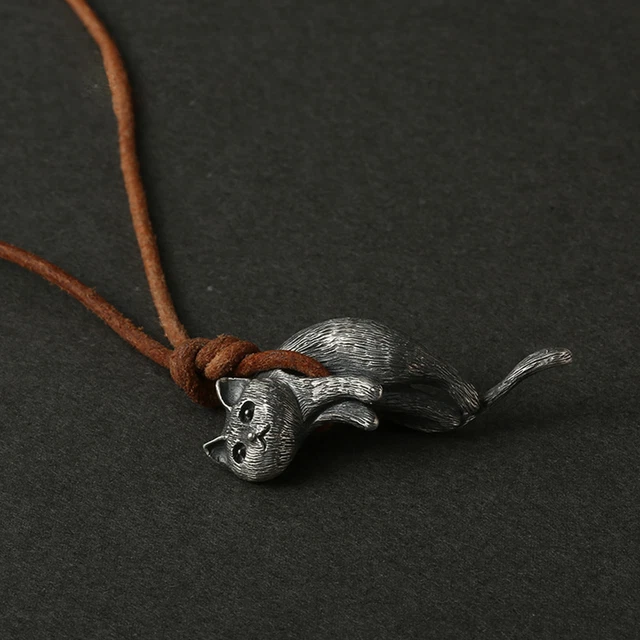 Pendant Jewelry Kitty Necklace Vintage Silver Choker with Hanging Cat Shape
