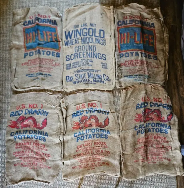 6 Vintage Burlap Gunny Sacks Feed Bags Ca., Mn., ...