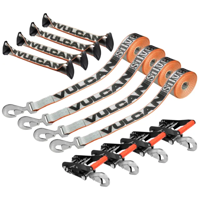 VULCAN 8-Point Roll Back Car Tie Down Kit - Snap Hooks, 4 Pack - Silver Series