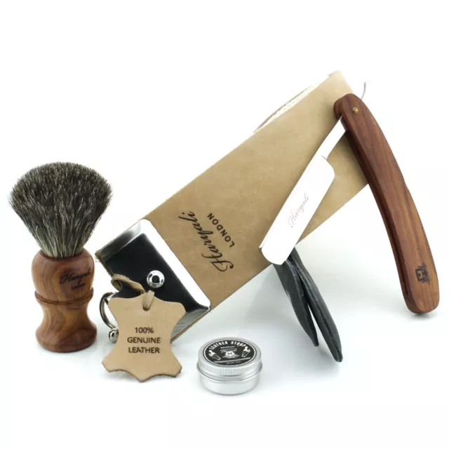 Haryali Mens Wooden Shaving Kits Sets Badger Brush Cut Throat Straight Razor