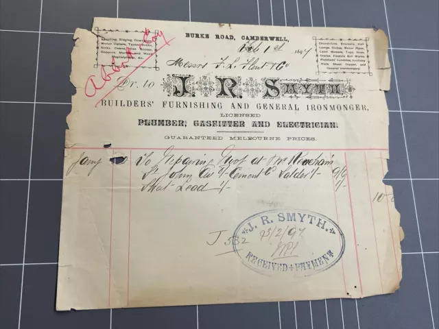 Vintage Receipt Smyth Burke Rd Camberwell Builder Plumber Elec Melbourne 1897