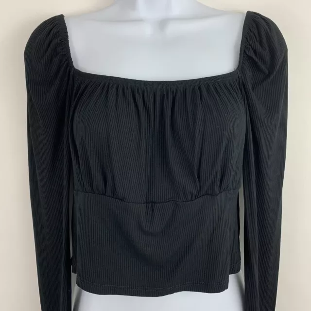 Topshop Womens Size 10 Black Ribbed Long Sleeve Crop Top Rib knit Square neck