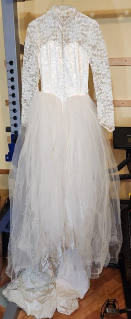 Vintage Ivory Wedding Gown with Attached Train and Beautiful Lace