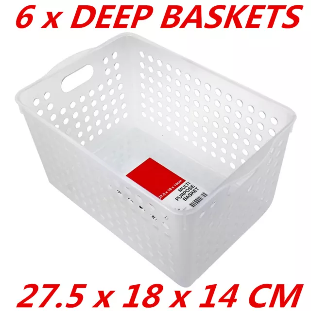 6 x Clear White Multi-purpose Plastic Storage Baskets Organiser Tubs 27x18x14cm