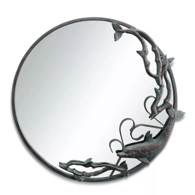 Cast Iron Metal Finish Dolphin Trio Round Wall Mirror 22 Inches Height