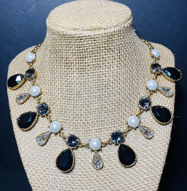 J Crew Bib Necklace Faux Pearl  Black Crystal Drop Smokey Grey Rhinestones
