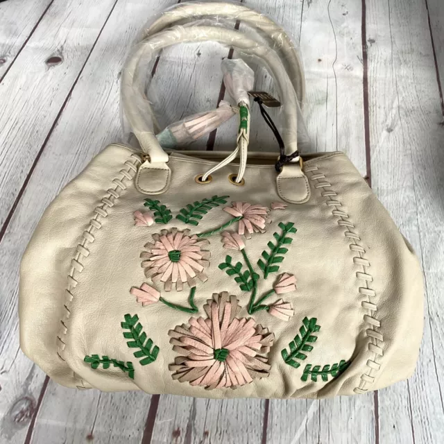 Isabella Fiore Purse Off White Ivory Cream Floral Leather Embellishment Soft Bag