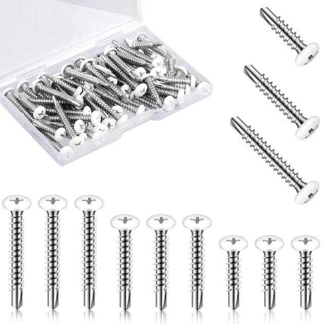 Tornillos de metal autogolpeables - 120 piezas, cuatro unidades, blancos, 3 tamaños