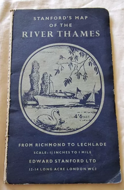 Vintage 1950 Map of the River Thames, from Richmond to Lechlade, Edward Stanford