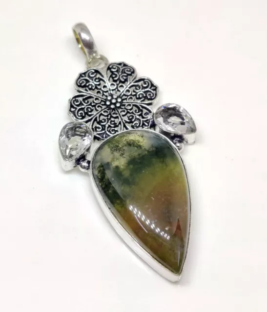 Natural Moss Agate Cab,Crystal Cut Gorgeous Fashion Jewelry Pendant 2.25" Inch