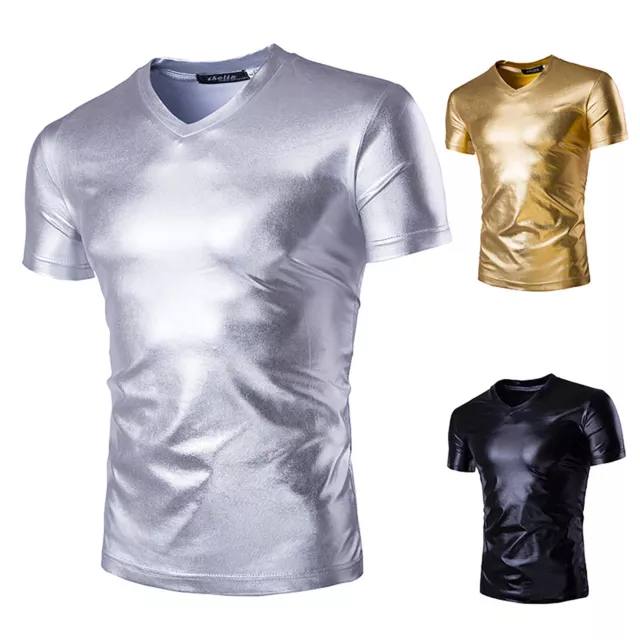 Men's Nightclub Short Sleeve Shirts Fashion Shinny Slim Disco Dance Tops Costume