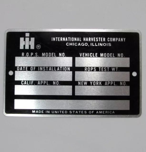 VTG International Harvester ROPS Model Number Plate IH Tractor Blank Tag Scout