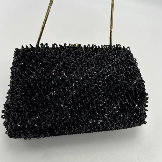 Vtg Black Beaded Sequin Evening Bag Purse Hong Kong Gold Tone Kiss Lock Read