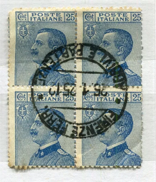 ITALY; 1920s early Emmanuel issue 25c. used POSTMARK BLOCK of 4