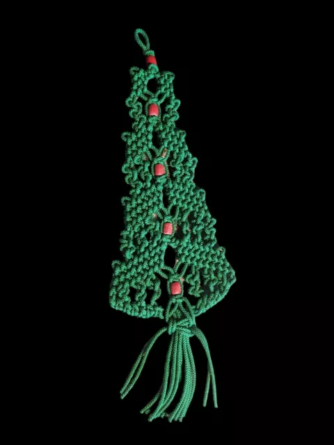 Vintage Christmas Tree Macrame Wall Art Hanging Decor Green with Red Beads