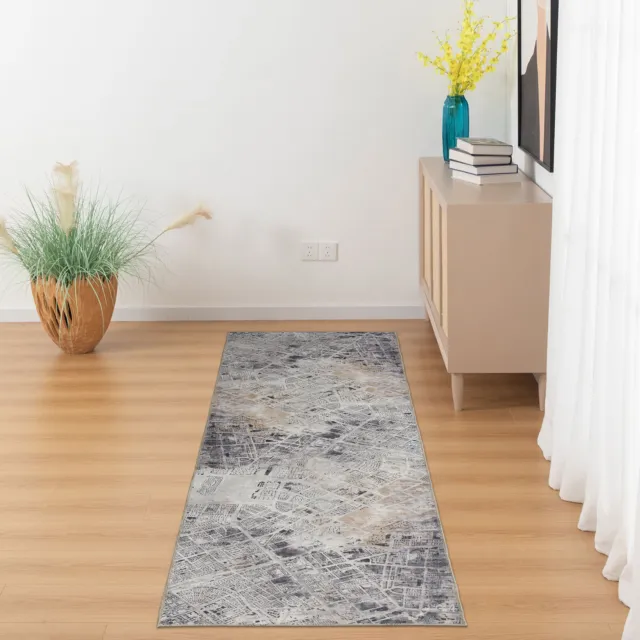 Hallway Runner Grey Gold Washable Carpet Easy to Clean Hall Way Mat 76x274cm