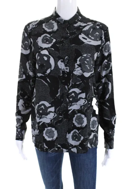 Allsaints Womens Scratch Leus Abstract Button Up Shirt Blouse Black Gray Size 6