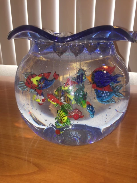 Art Glass Cobalt Blue Blend Hand Blown Fish Bowl with Wavy Top- 8.50"Hx 9.5W" 