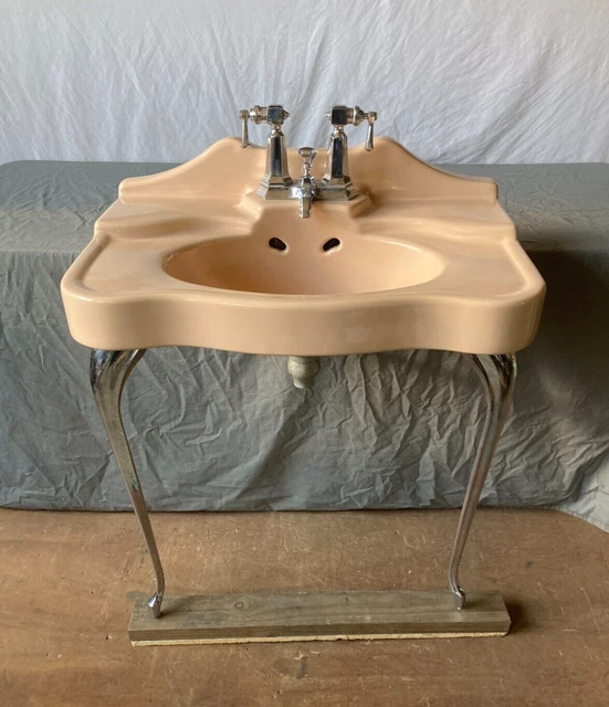 Antique Persian Brown Tan Porcelain Sink Deco Templeton Chrome Legs Vtg 314-23E