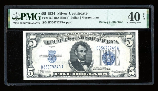 DBR 1934 $5 Silver Fr. 1650 BA Block PMG XF-40 EPQ Serial B35679249A