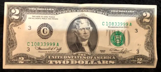 Error Bill, Ink Smudged On One Bill, Lot Of Ten Two Dollar Bills Circulated 1976