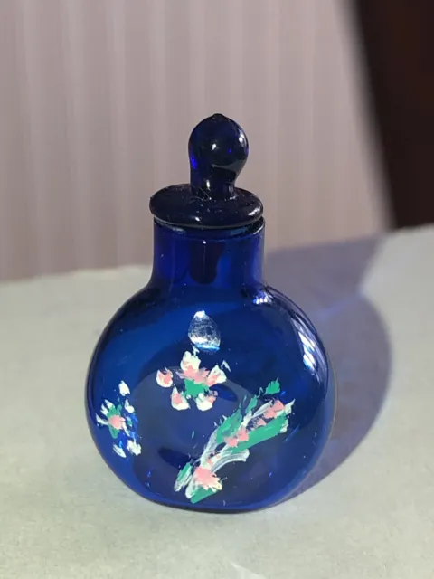 Dollhouse Miniature Artisan Made Painted Cobalt Blue Glass Bottle With Stopper