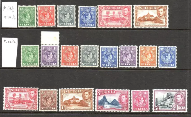 World Stamps St. Lucia 1938/1948 Set to 5/- (SG128/137) + Various Perf Varieties