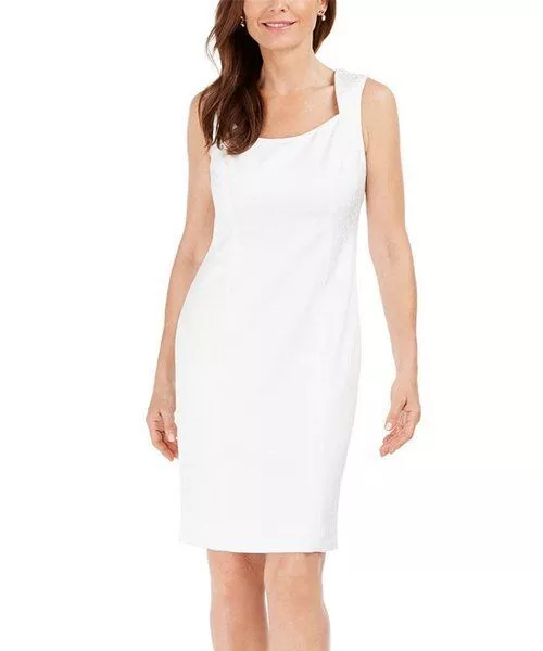 MSRP $99 Kasper Natural White Jacquard Sleeveless Sheath Dress Size 8 NWOT