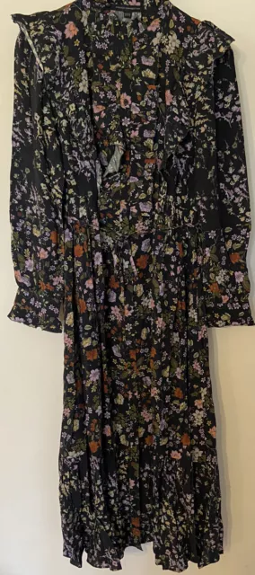 French Connection Dk Blue Floral Pleated Midi Belted Dress Size 14 BNWT RRP £110