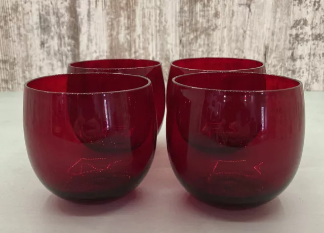 Set of 4 Anchor Hocking Ruby Red Glass 12 Oz Tumblers - Wine Glasses 3 1/8” Tall