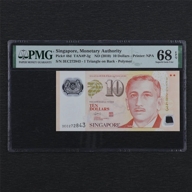 2010 Singapore Monetary Authority 10 Dollars Pick#48d PMG 68 EPQ Superb Gem UNC