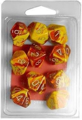CHESSEX DADI 10 DIE GEMINI ROSSO e GIALLO Con Bianco Numeri d10 Set di 10 CHX 26250 