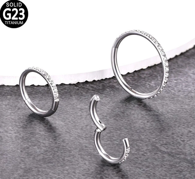 G23 Titanium 16G Paved Gem Rim Ear Conch Tragus Hinged Clicker Helix Nose Hoop