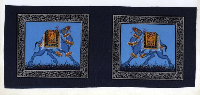 Paire De Camel Fait à la Main Indien Peinture Miniature Fin Art Sur Soie Tissu