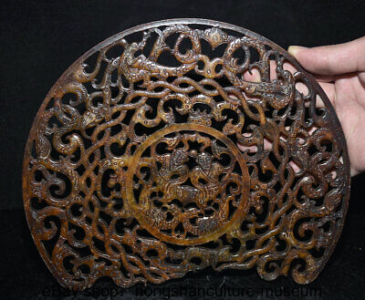 9.2 " Old Chinese Natural Hetian Jade Carved Dynasty People Beast Pattern Yu Bi