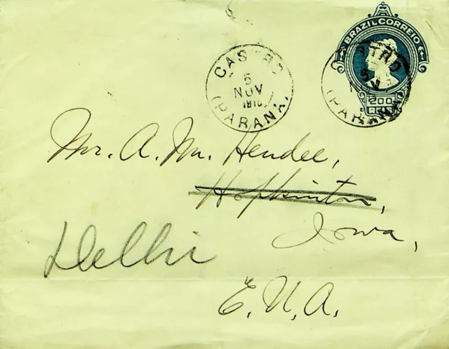 Sephil Brazil 1913 Vor WWI 200 Reis Postal Briefpapier Umschlag Von Parana To US