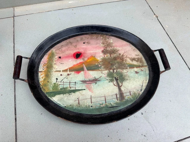 Antique Old  Wooden Burmese Lacquer Painted Hand Painting Serving Tray