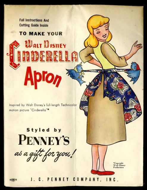 Vintage WALT DISNEY CINDERELLA APRON SEWING PATTERN JC PENNEY'S 1950's UNCUT