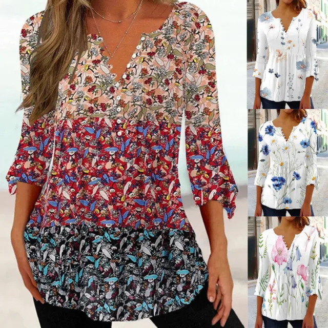 Women Summer Floral V Neck Tunic Tops Casual Loose 3/4 Sleeve Blouse T Shirt