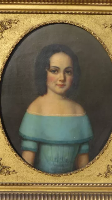 ANTIQUE FRENCH OIL on Canvas Painting Girl Portrait Old Gilt Frame 19th ...