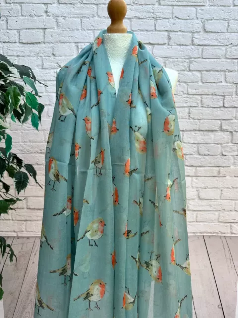 Ladies Watercolour Robin Bird Print SKY BLUE Fashion Scarf 3